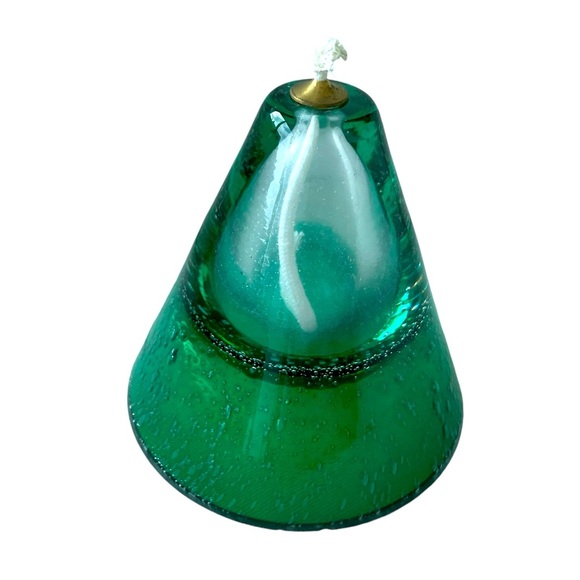 Vintage Oil Lamp Hand Blown Art Glass Emerald Green Bubbles Poland Triangle - Picture 7 of 7